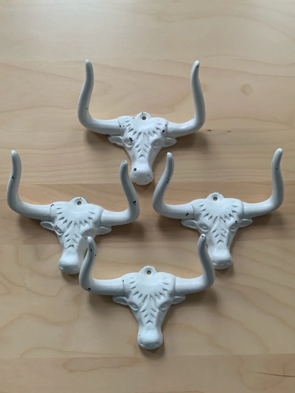 Set of 4 Distressed White Longhorn Bull Head Cow Wall Hooks